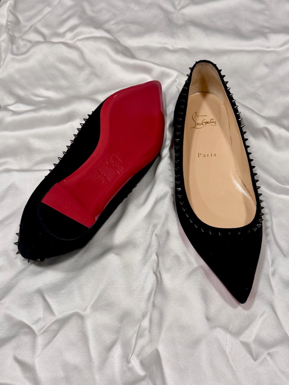 Christian Louboutin Black Studded Pointed-Toe Flats with Red Soles
